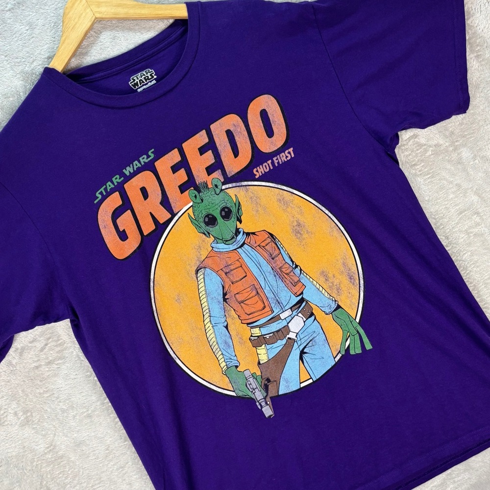 Star‎ Wars Greedo Shot First Purple Graphic T-Shirt Men's Sz L Retro Style
